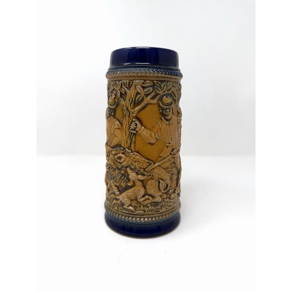 Vintage German Beer Stein Fox Handle Boar Hunting Scene Relief Mug No Lid - Picture 2 of 7